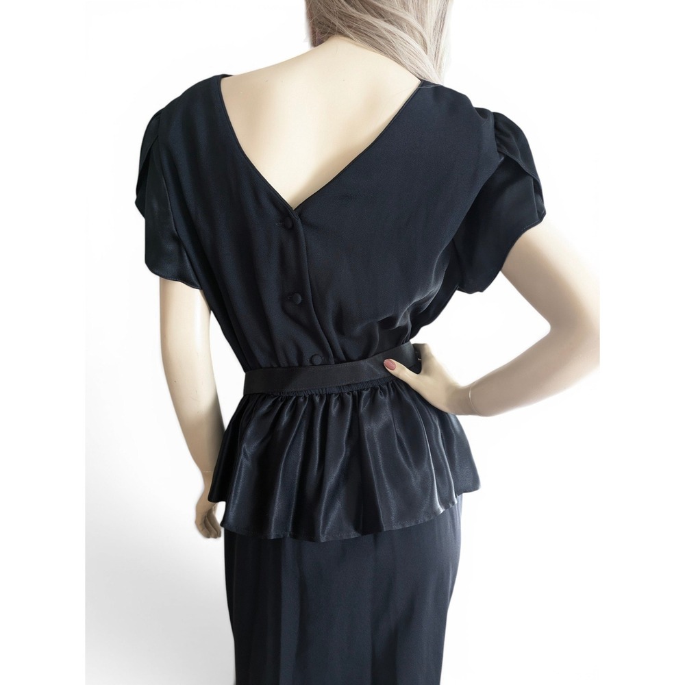Vintage 80s Black Peplum Cocktail Dress Rhinestone Bow Belt Satin Midi Size M/L - Picture 6 of 8